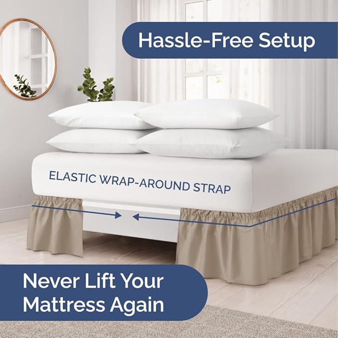 Wrap Around Dust Ruffle Bed Skirt - Cream - for King Size Beds w/ 14 Inch Drop - Easy Fit Elastic Strap - Adjustable Pleated Bedskirt w/Brushed Fabric, Wrinkle & Fade Free Women, Men, Kids & Teens