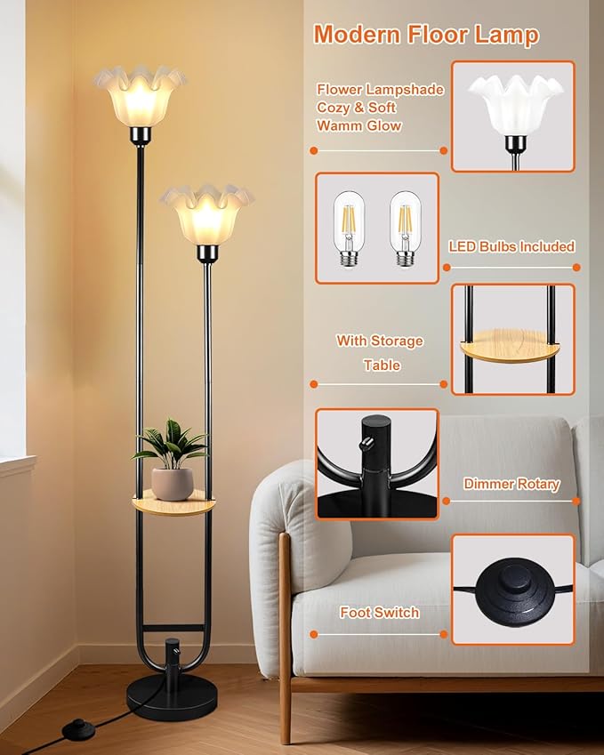 ACOHOOK Dimmable Flower Floor Lamps with Table, 2-Lights Floral Floor Lamp, 3000K Warmwhite Candle Holder Style Modern Floor Lamp, Rustic Black Standing Lamp for Living Room Bedroom