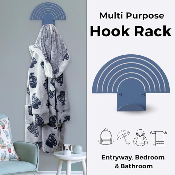 Rainbow Blue Wall Hooks – Heavy-Duty Metal Hooks for Hanging | Stylish & Decorative Coat Hook for Backpacks, Towels & Bags | Durable, Minimalist Wall Organizer for Kids' Room & Playroom