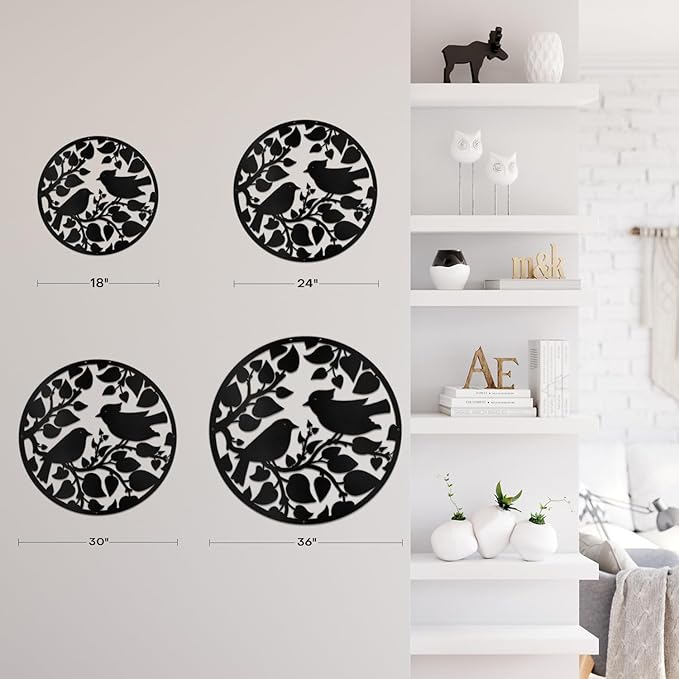 SIGNLEADER Metal Wall Art Decor Birds Tree Circular Frame Minimalist Modern Abstract Wall Sculpture Hangings Home Decoration for Living Room, Bedroom, Bathroom, Kitchen, Outdoor - 18" Black