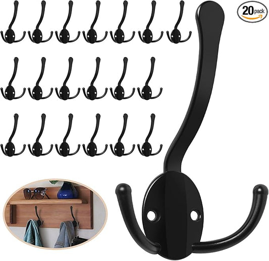 20 Pack Coat Hooks Heavy Duty, Metal Three Prongs Large Coat Hooks Wall Mounted with 40 Screws, No Rust Black Rustic Wall Hooks for Hanging Towel, Coat, Scarf, Bag, Hat, Cup, Key