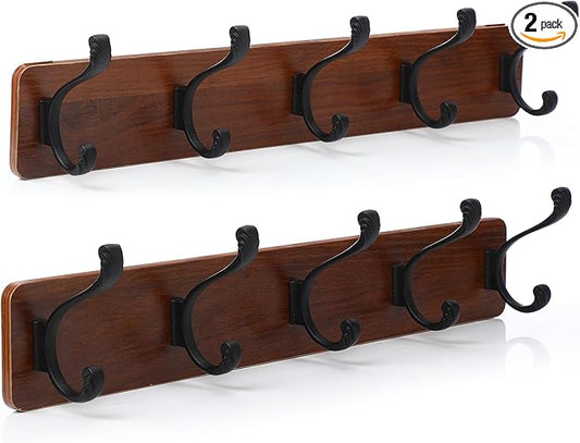 2PCS Coat Rack Wall Mount Coat Hooks Coat Hanger with 5 Hooks 2 Installation Over Door Hooks Wood Plank Hat Rack for Wall Hooks Hanging Coat Hat Jacketgt Mudroom Bathroom Entryway-Black