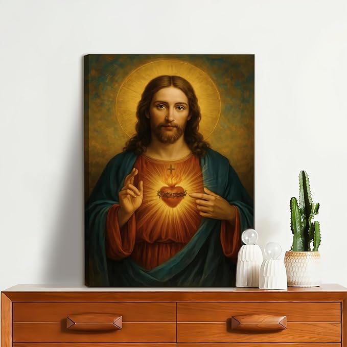 Sacred Heart of Jesus Canvas Wall Art Catholic Divine Mercy Prints Wall Decor Christ Jesus Portrait Poster Christian Religious Picture Artwork for Bedroom Living Room Prayer Room 12x16 Inch Framed