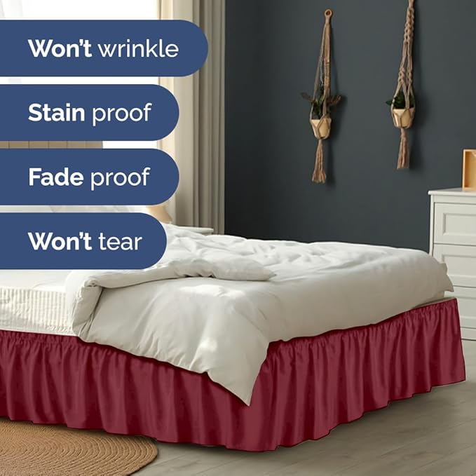 Wrap Around Dust Ruffle Bed Skirt - Burgundy - Twin/Twin XL Size Beds with 24 Inch Drop - Easy Fit Elastic Strap - Adjustable Pleated Bedskirt w/Brushed Fabric Wrinkle Free - Women, Men, Kids & Teens