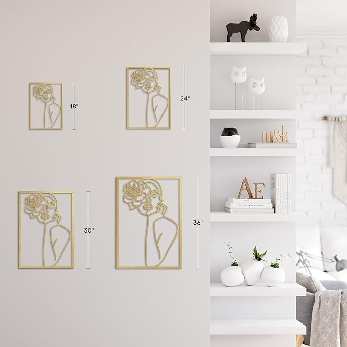 SIGNLEADER Metal Wall Art Decor Women and Flower Modern Abstract Wall Sculpture Hangings Home Decoration for Living Room, Bedroom, Bathroom, Kitchen, Outdoor - 18" Gold
