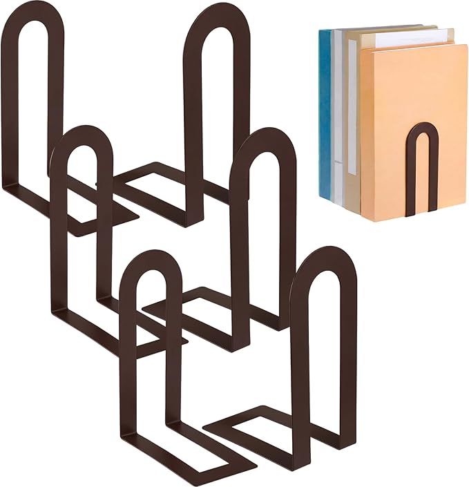 Chunful 6 Pcs Modern Metal Book Ends for Shelves Decorative Small Bookends Book Shelf Organizer Minimalist Design Stopper to Hold Books for Home Office (5.5 * 3.75 * 2.25inch,Bronze)