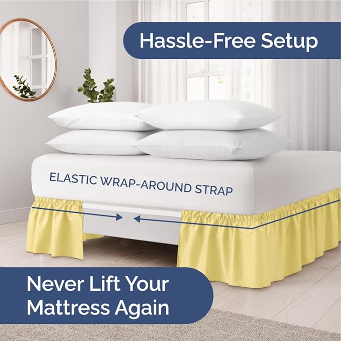 Wrap Around Dust Ruffle Bed Skirt - Yellow - for King Size Beds with 18 Inch Drop - Easy Fit Elastic Strap - Adjustable Pleated Bedskirt w/Brushed Fabric - Wrinkle Free - for Women, Men, Kids & Teens