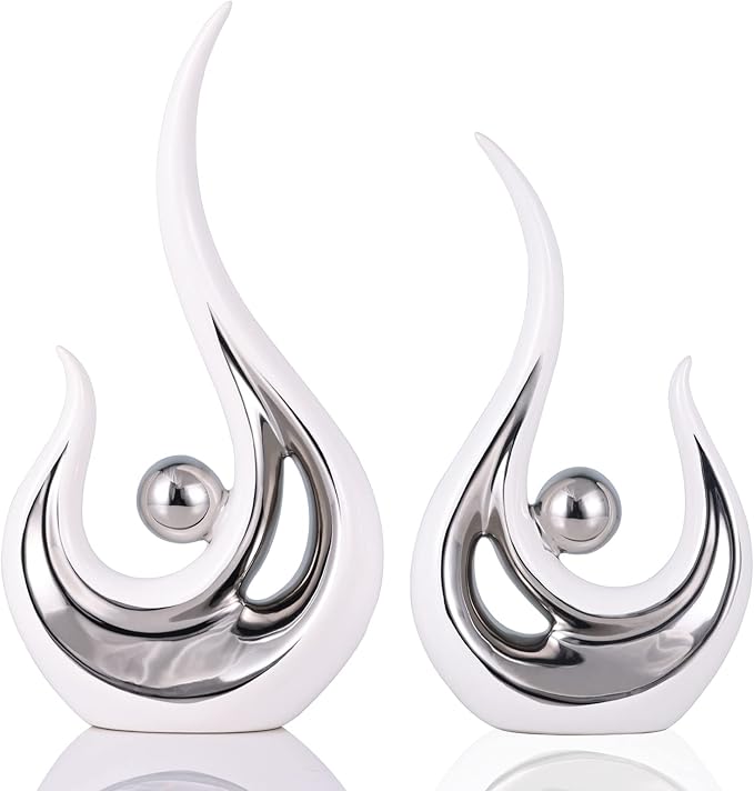DOVDOV Abstract Ceramic Statues Set of 2, Silver and White Home Decor, Now Decorative Centrepieces, Consoles, Shelves, Dining Table Centrepieces, Entry Table Decor Aesthetics