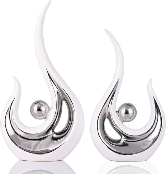 DOVDOV Abstract Ceramic Statues Set of 2, Silver and White Home Decor, Now Decorative Centrepieces, Consoles, Shelves, Dining Table Centrepieces, Entry Table Decor Aesthetics