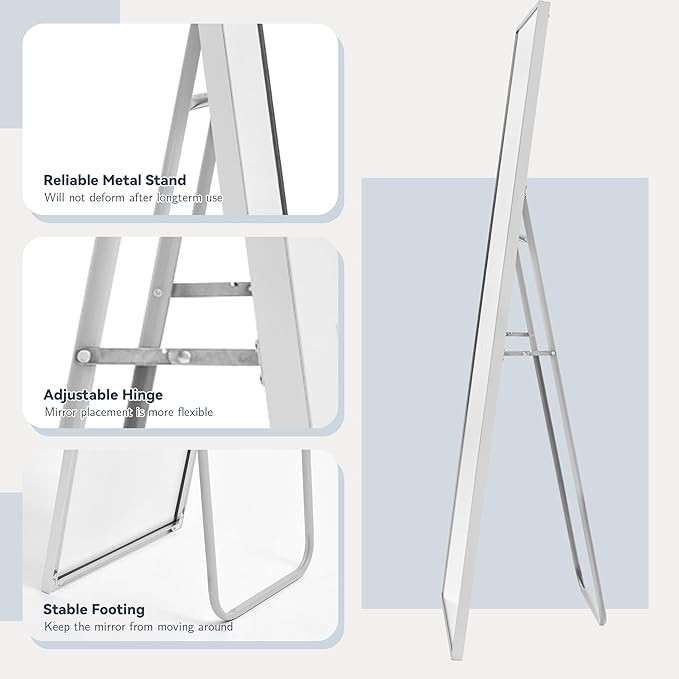 LFT HUIMEI2Y Full Length Mirror - 65"x22", Rectangle Tempered Mirror with Stand, Wall Mounted for Bedroom or Living Room, Silver