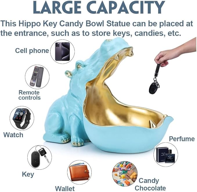 Hippo Figurine Candy Dish & Key Bowl - Unique Resin Hippopotamus Statue for Office Desk & Entry Table Decor - Multifunctional Sundries Container, Jewelry Stand, and Wallet Holder - Cute Hippo Gifts