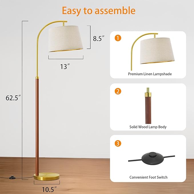 G-SAFAVA 62.5" Wood Floor Lamp for Living Room Gold with Foot Switch Arc Standing Tall Lamps for Bedroom Mid Century Modern Corner Floor Lamps for Office Nursery Industrial Reading Light Room Lamp
