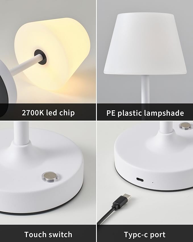 PUSU Cordless LED White Small Table Lamp, Waterproof Shower Light with 4000mAh Battery, Portable Rechargeable Touch Dimming Night Light for Bathroom, Outdoor Camping, Kitchen, Patio, Restaurant