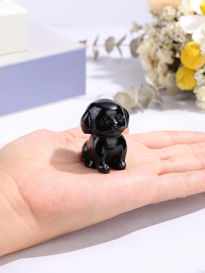 Jovivi Natural Black Obsidian Crystal Sitting Dog Statue Home Decor 1.6" Carved Gemstone Puppy Dog Figurines Pocket Sculpture Reiki Healing Stones Decorative Ornament Gift