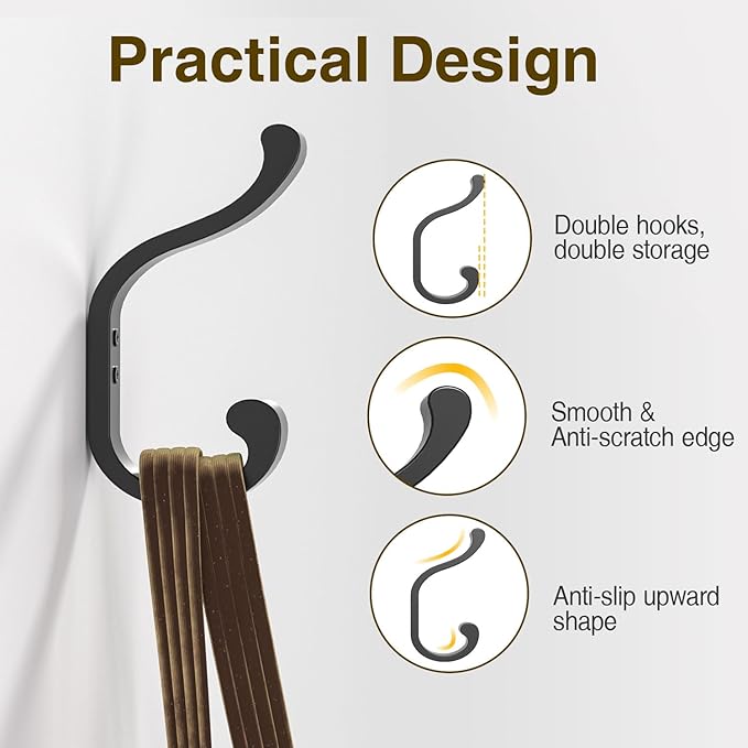 Coat Hooks Wall Mount for Hanging, Heavy Duty Backpack Hooks for Wall, Hold up to 30 lbs, Large Hanger Hooks for Towels, Purses, Clothes, Mudroom, Bathroom, Door, Black, 4 Pack