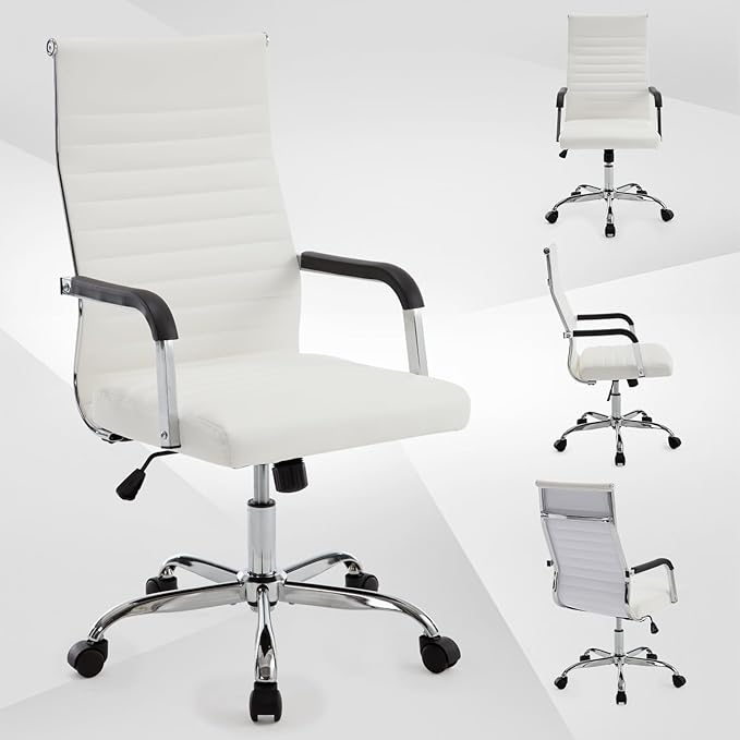 Haranuo Office Chair, Ergonomic Executive Conference Room Chairs, Ribbed Leather Desk Chair with Lumbar Support, Adjustable Height Mid-Back Swivel Chair (Square Tube Armrests, White)