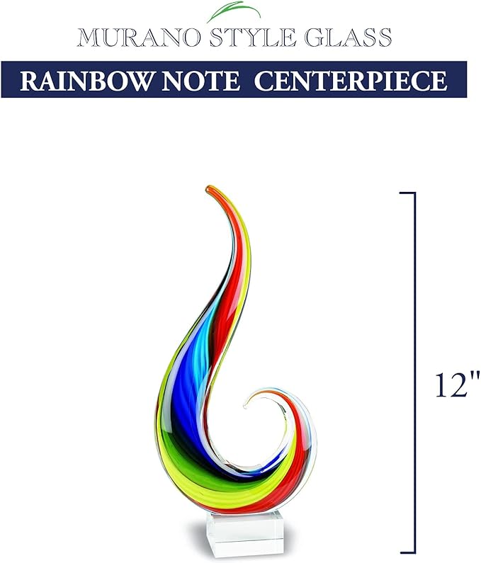 Badash Rainbow Note Murano-Style Art Glass Centerpiece - 12" Tall Mouth-Blown Glass Sculpture on Crystal Base - Contemporary Home Decor Accent Piece