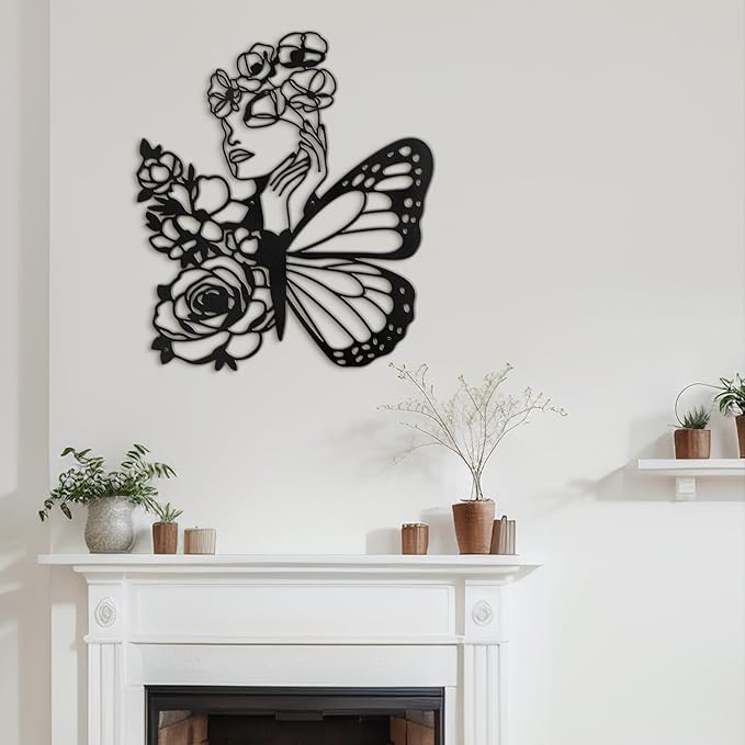 SIGNLEADER Metal Wall Art Decor Woman with butterfly Wings Minimalist Modern Abstract Wall Sculpture Hangings Home Decoration for Living Room, Bedroom, Bathroom, Kitchen, Outdoor - 18" Black