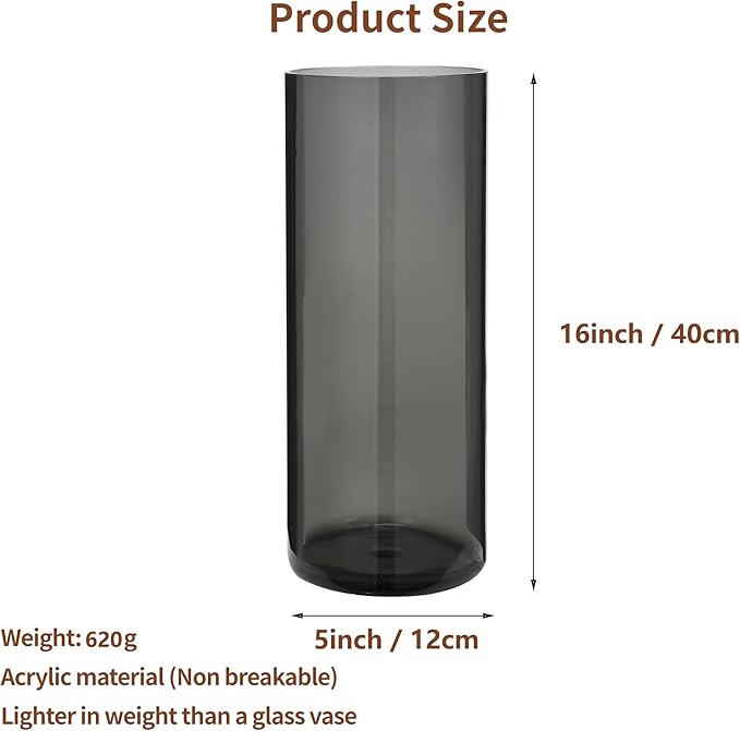 Flower Vase, Non-breakable Vases, 5" W x 16" H, Acrylic Grey Vase, Aesthetic Room Decor Cylindrical Modern Flower Vases for Table Centerpiece, Home Decor, Women Floral Arrangement Gift