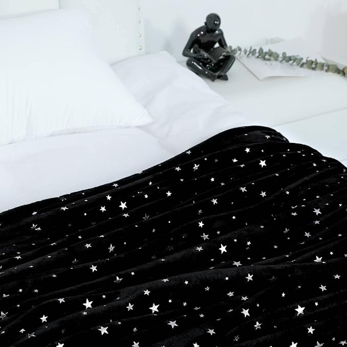 NANPIPER Fleece Blankets Warm Fuzzy Queen Size Blanket,Super Soft Star Foil Print,90"x 90" Black