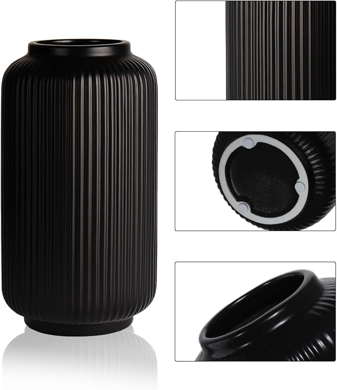 Black Ceramic Flower Vase, 8 Inch Ribbed Vase for Pampas Grass, Fresh or Dried Flowers, Decorative Centerpiece for Living Room, Kitchen, Bookshelf, Office Decor