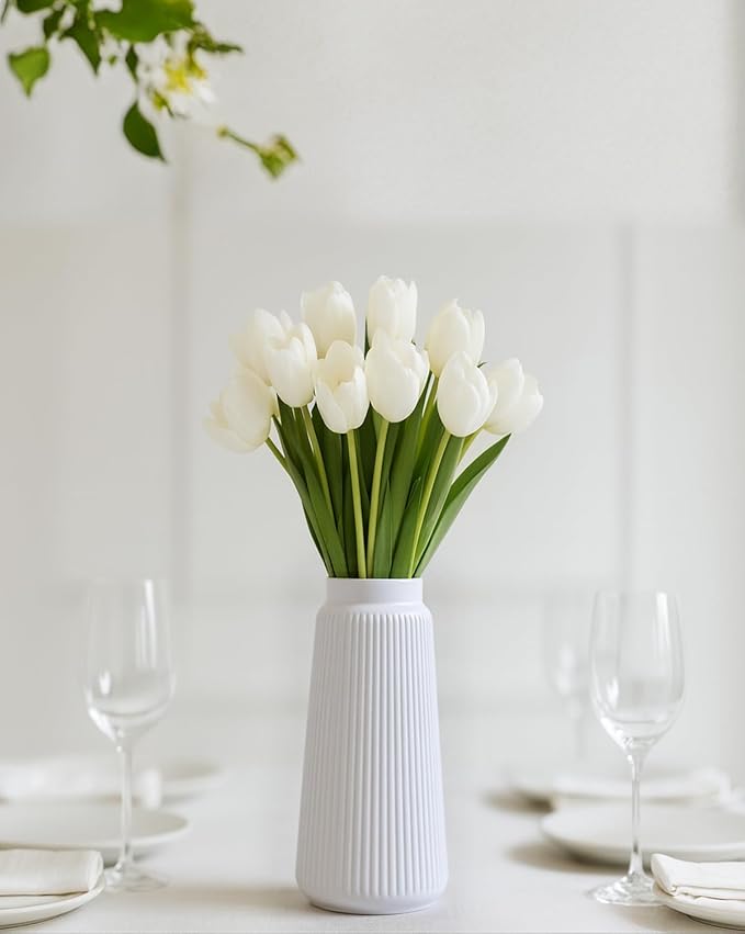 Matte White Ribbed Ceramic Vase – Modern Elegant Flower Vase for Pampas Grass, Fresh or Dried Flowers, Minimalist Farmhouse Home Decor for Living Room, Dining Table, Wedding Centerpiece