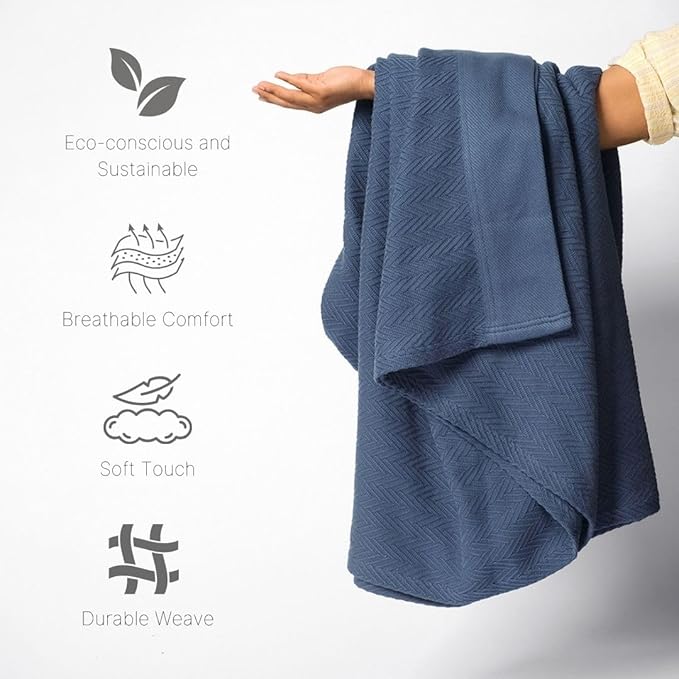9Threads 100% Cotton Herringbone Weave Blankets, 90"X90" Queen, Throw Blanket for Bed,All Season Cotton Blanket, Cozy Blanket,Throws Bed Blanket, Throw Blanket for Couch,Modern Home Decor -Navy Blue