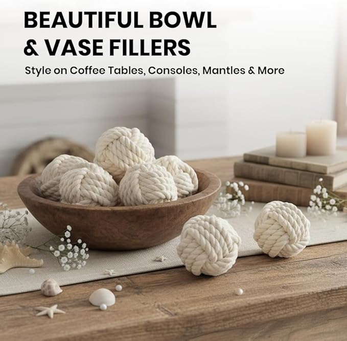 Set of 6 Decorative Nautical Cotton Rope Balls – 2 Inch Each – Handmade Rustic Knot Spheres – for Coastal Home Decor, Bowl Fillers, Tray Styling, Wedding Centerpieces, or Housewarming Gift Idea