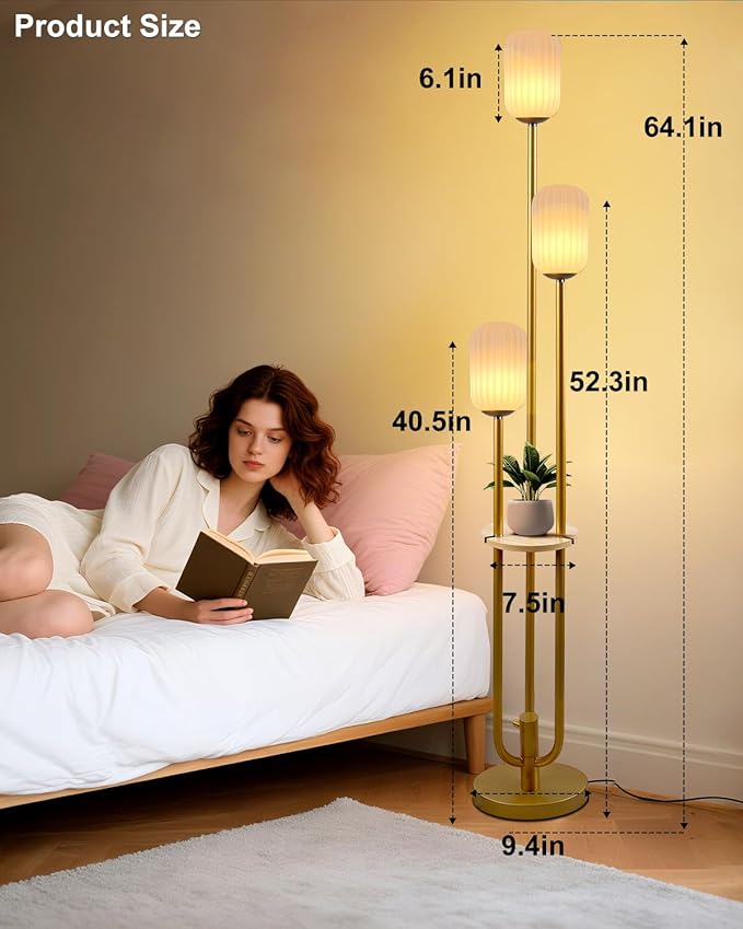 Lightdot Dimmable Floor Lamp with Shelf, Modern Gold Tall Floor Lamps with Oval Striped Lampshade for Wedding/Party, 3000K Soft Warm White 3-Lights Standing Lamp for Living Room/Bedroom