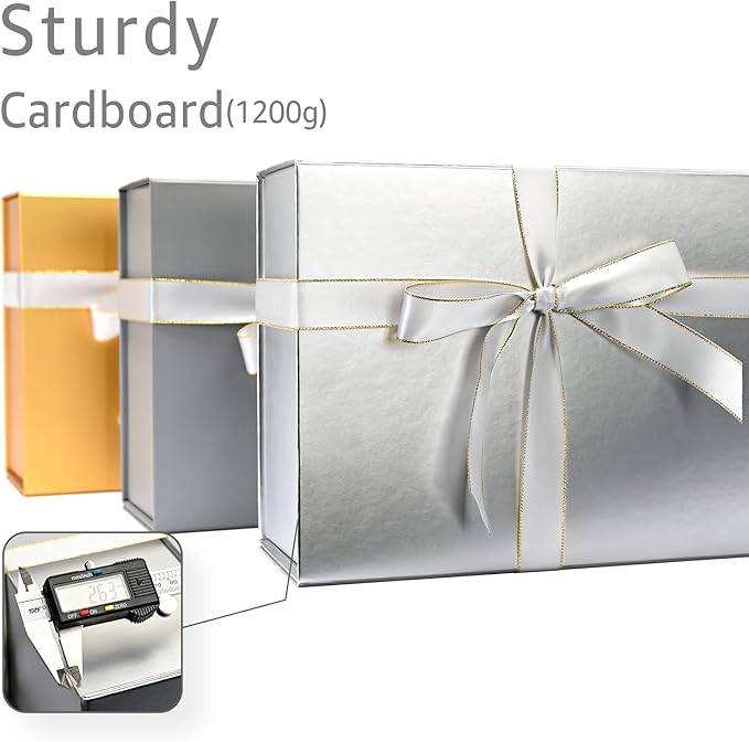 LIFELUM Gift Boxes with Lids,5 Pack 13.85 x 8.35 x 4.45 inch Silver Gift Boxes with Ribbon, Card, Shredded Paper Filler for Presents,Graduation,Christmas,Birthdays