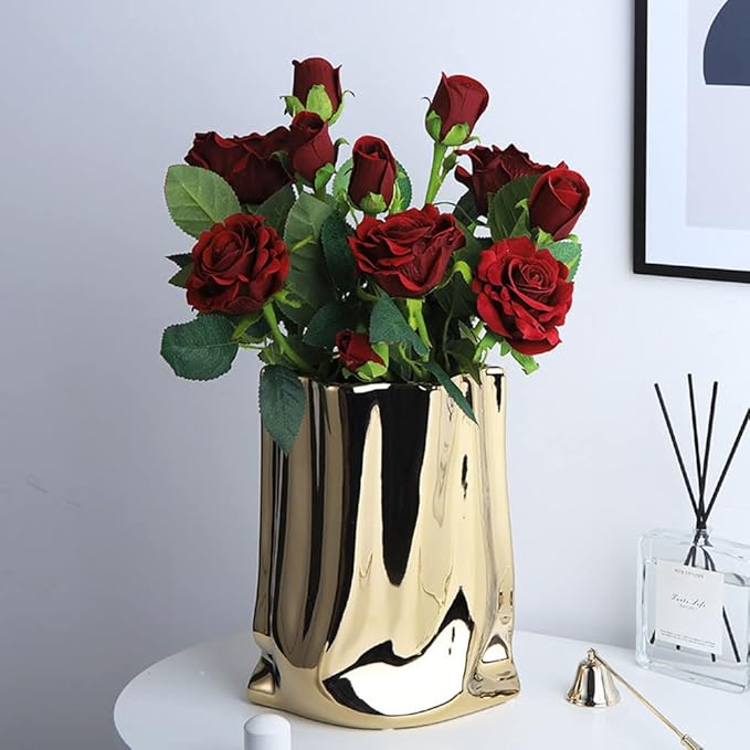 Gold Flower Vase, Paper Bag Ceramic Vase, Modern Metallic Luster Gold Vase Home Decor for Table Centerpieces, Living Room, Shelf Decor, Mantel (Gold-Large)