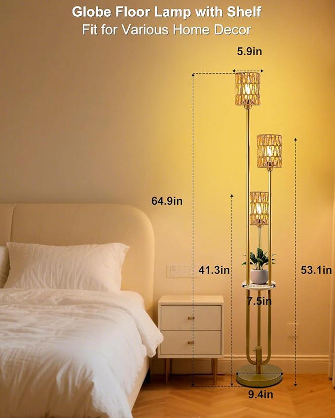 Lightdot Dimmable Boho Floor Lamps for Living Room, 3-Lights Rattan Floor Lamp with Shelves, 3000K Warmwhite Farmhouse Floor Lamp Candle Holder Style, Rustic Gold Standing Lamp with Bulbs Included