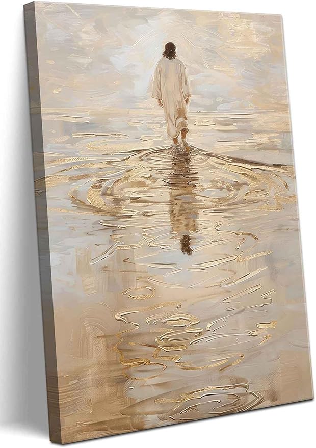 1Pcs Frame Jesus Walking on Water Canvas Wall Art Christian Jesus Walking on Water Back Wall Decor Pictures I Will Walk With Christ Posters Prints for Church Dining Living Room Kitchen Wall Bedroom Decoration12x16in