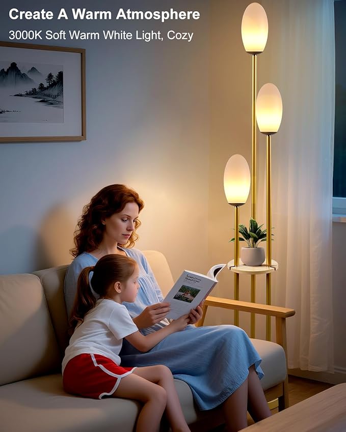 ACOHOOK Gold Dimmable Floor Lamp with Table, Unique Candle Holder Style Tall Standing Lamps with 3000K G9 Bulbs for Reading, Mid Century Modern Floor Lamp for Living Room Bedroom Office