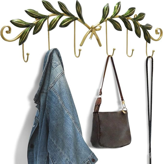 Olive Leaf Gold Wall Coat Hooks 6-Pack, Decorative Wall Mounted Coat Rack，Heavy Duty Metal Entryway Hanger for Hallway, Bathroom, Bedroom, Includes Hardware & Adhesive Strips