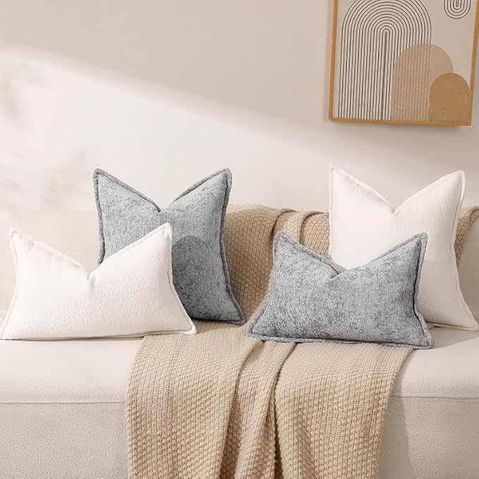 DEZENE Pack of 2 Light Gray Euro Shams Pillow Covers 26x26 Cozy Soft Chenille Decorative Throw Pillow Covers Accent Vintage Square Couch Pillow Covers for Home Decor Bed Sofa Living Room
