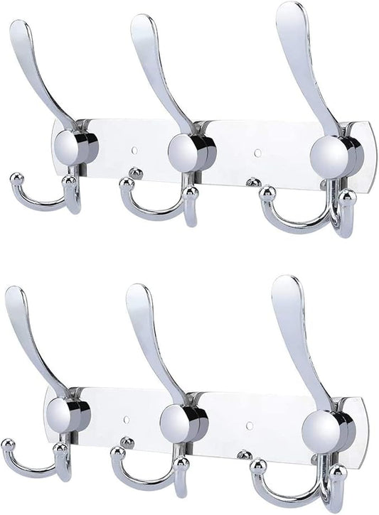 Coat Rack Wall Mounted,3 Tri Stainless Steel Coat Hook for Coat Hat Robes Towel in Mudroom Entryway (Sliver, 2 Pack 3 Hook)