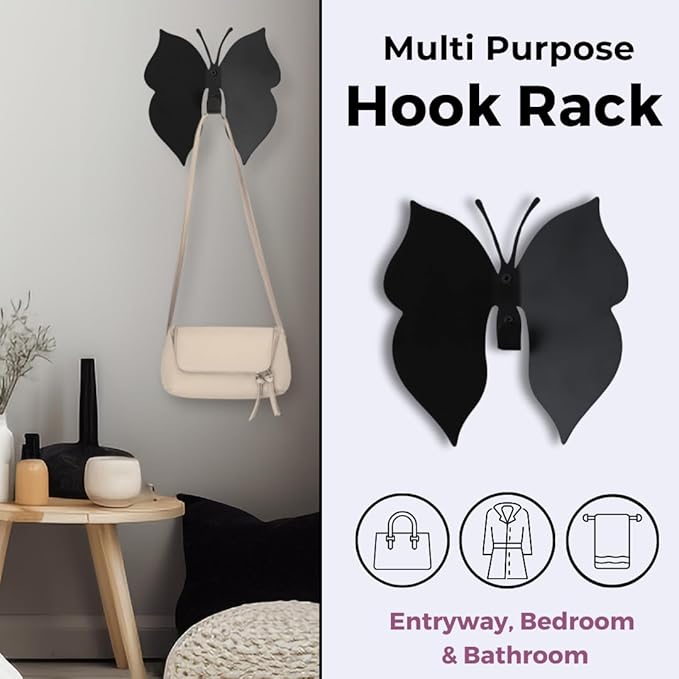 Black Metal Butterfly Wall Hook – Dimensional 3D Design with Angled Wings – Heavy-Duty Decorative Hanger for Nursery, Kids Room & Bathroom Towels