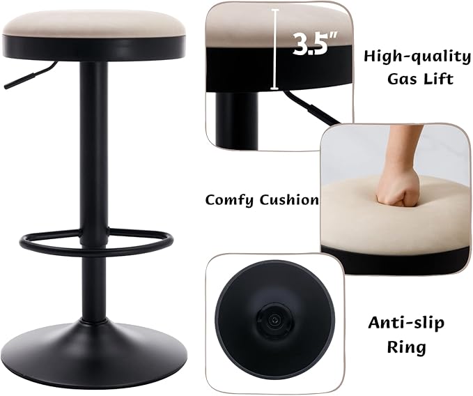 CIMOTA Swivel Round Bar Stools Set of 1 Backless Adjustable Counter Height Barstools Modern Industrial PU Leather Bar Stool Chair for Kitchen/Home Bar/Pub/Bistro/Office, Retro Beige