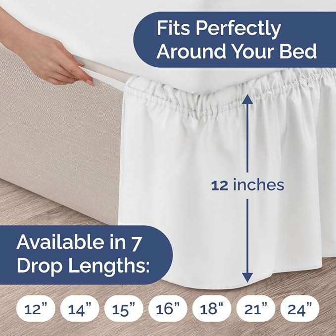 Wrap Around Dust Ruffle Bed Skirt - White - for Full Size Beds with 12 Inch Drop - Easy Fit Elastic Strap - Adjustable Pleated Bedskirt w/Brushed Fabric - Wrinkle Free - for Women, Men, Kids & Teens