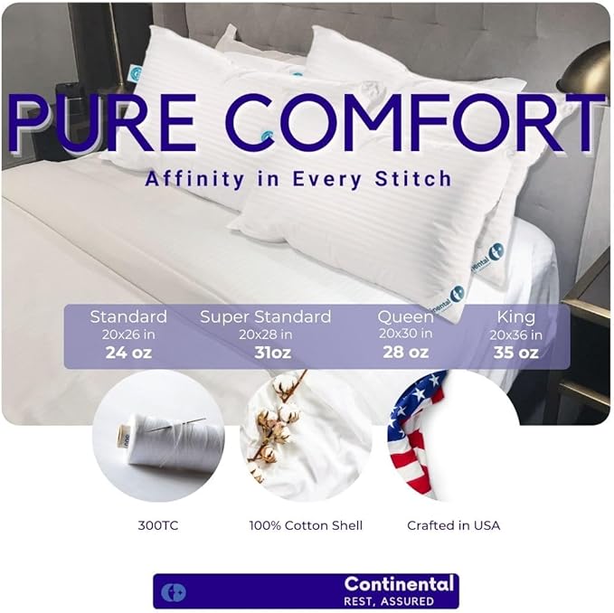 Continental Bedding Affinity Down Alternative Pillow, Medium Firm, 300TC 100% Cotton Shell, for Side, Back, and Stomach Sleepers