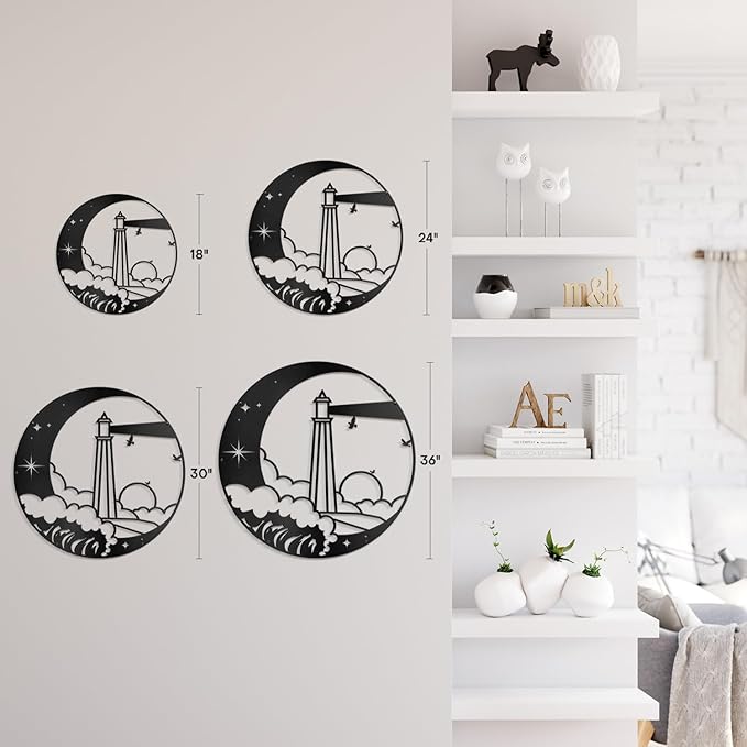 SIGNLEADER Metal Wall Art Decor Lighthouse on the Waves Minimalist Modern Abstract Wall Sculpture Hangings Home Decoration for Living Room, Bedroom, Bathroom, Kitchen, Outdoor - 18" Black