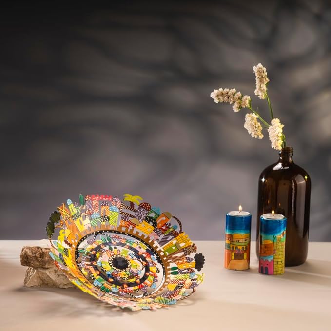 EMANUEL Yair Decorative Metal Fruit Bowl | Vibrant Hand Painted Bowl | Hangable Centerpiece Bowl for Home Decor and Gifting | Judaica Art (10 inch, Jerusalem)