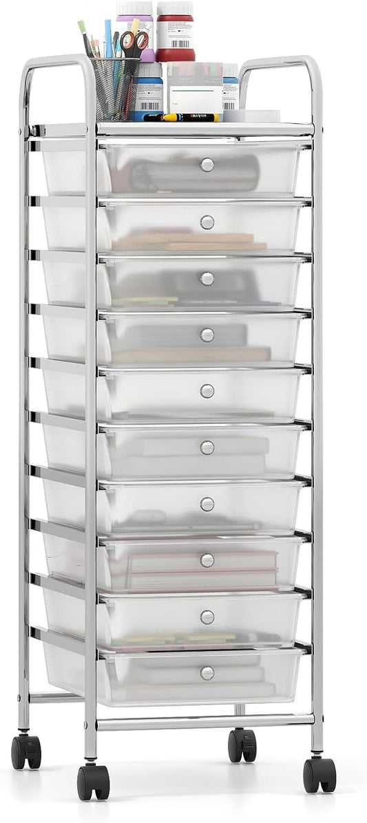 Giantex Rolling Storage Cart with 10 Drawers, Utility Cart with Tabletop, Drawer Organizer with Wheels for Craft Art Paper Tool, Mobile Organization & Sorting for Office Home School School Supplies