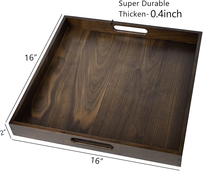 16 x 16 inches Large Square Ottoman Tray Solid Black Walnut Table Platter Decorative Wooden Serving Tray with Handle for Oversized Ottoman Home Breakfast in Bed Tea Coffee