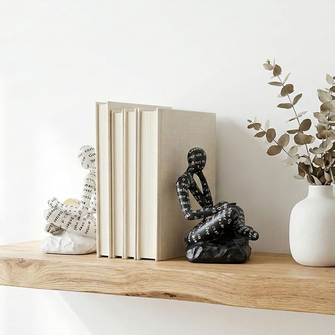 Book Ends for Heavy Books Set of 2, Modern Abstract Thinker Book Ends for Shelves and Desk - Resin with Non-Slip Pads, Bookends for Shelves, Modern Black White Office Decor Bookends
