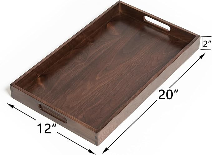20"x12" Wooden Ottoman Tray with Handle FSC Natural Handmade Rectangle Black Walnut Serving Tray Vintage Decorative Platters for Oversized Ottoman Kitchen