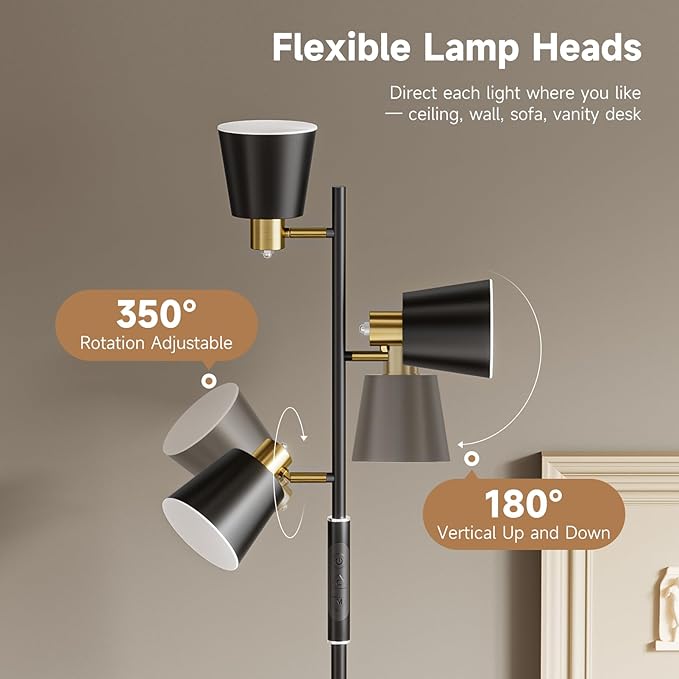 Jeagop LED Tree Floor Lamp, 2500LM Super Bright Standing Lamp with Remote & Touch Control, 4 Color Temperatures, 3 Rotatable Lights, Modern Dimmable Floor Lamps for Living Room Bedroom Office