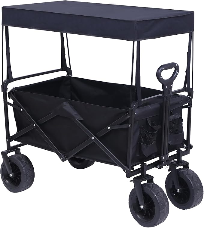 Nice C Heavy Duty Wagon, Collapsible Wagon with Canopy, Black, Steel, 4 Wheels, 33 x 22.4 x 7.6 inches