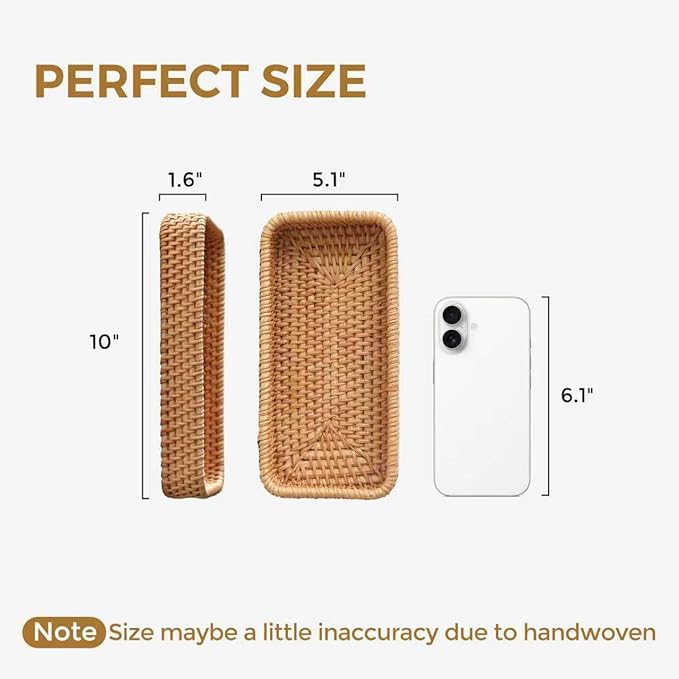 Small Rattan Serving Tray, Woven Rectangle Tray Key Basket for Entryway Table, Natural Wicker Trays Fruit Bowl Decorative Baskets for Bathroom